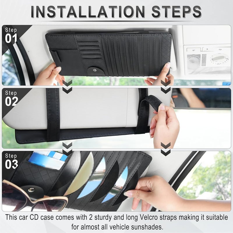 alpmosn Sun Visor CD Case Holder for Car - Multi-Function Visor Organizer with CD/DVD Storage, Eyeglass Clip, Card Slots & Pen Holder, Durable Leather Car Accessories (Black) - Image 4
